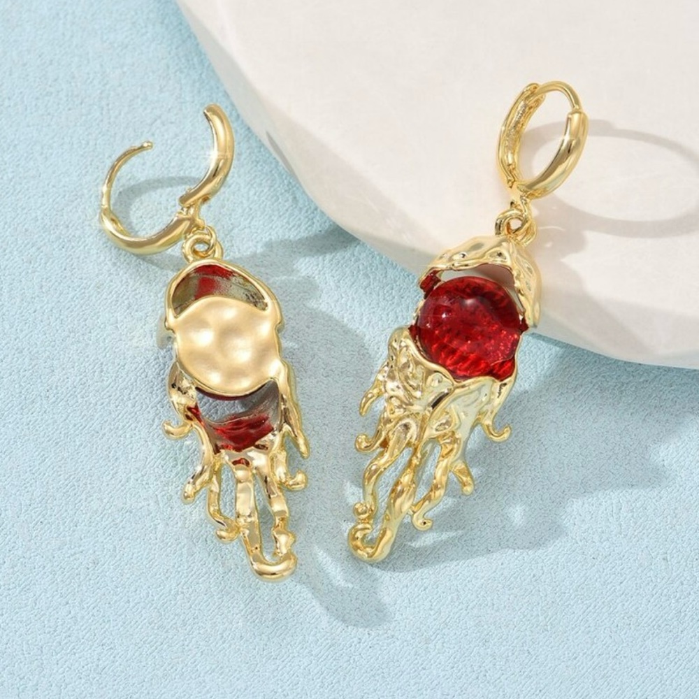 “Murano Glass Octopus” Red Scaly Eye Tiered Tentacle Sea Creature Oddity Earring - Picture 5 of 5